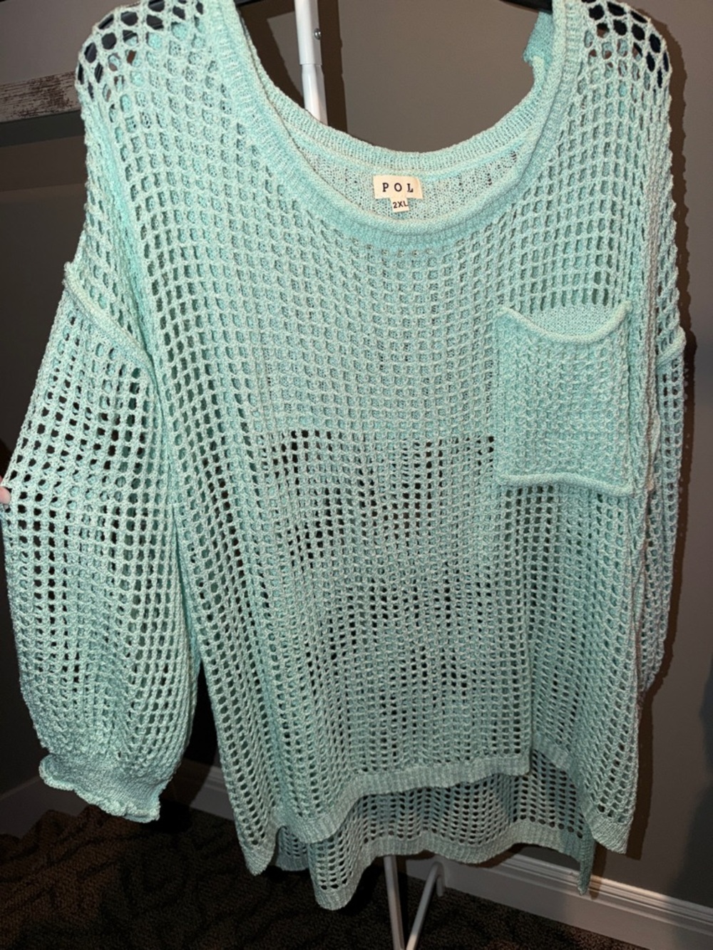 POL Mint Open-Weave Pocket Crewneck Sweater